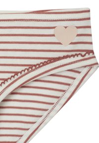 Gestreifte Baumwollunterwäsche mit einer weichen Textur, in Creme- und Rosttönen, mit einem kleinen Herzelement und einer gekerbten Kante.