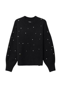 Pull noir en matériau doux, avec un col rond, une coupe ample et des accents en perles métalliques dispersés sur la surface.