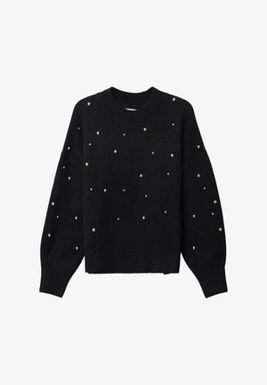 Black sweater made of soft material, featuring a round neck, loose fit, and metallic pearl accents scattered across the surface.