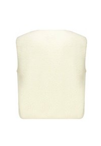 Gilet en fausse fourrure de couleur crème, avec une surface douce et texturée, sans manches et avec un col arrondi.