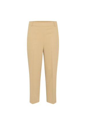 Beige maßgeschneiderte Hose mit geradem Bein, ausgestattet mit einer glatten Textur und einem Standardbund. Keine sichtbaren Taschen oder Verzierungen.