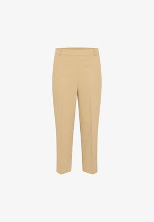 Beežid sirged püksid, millel on sirge lõikega disain, sile tekstuur ja tavaline vöökoht. Nähtavaid taskuid ega kaunistusi ei ole.