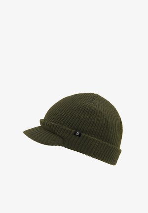 Maslinasto zelena pletena kapa sa malom crnom oznakom logotipa i kratkim, tvrdim vizorom sprijeda.