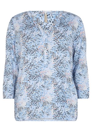 Lichtblauwe blouse met lange mouwen, V-hals en abstract patroon van zwarte, witte en pastelroze stippen, losse pasvorm.