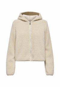 Kremfarget fleece-hettegenser med glidelåslukking, kengurulommer og myk tekstur. Har hette og ribbede mansjetter for varme.