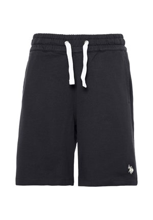 Pantaloncini neri con vita elastica, coulisse bianche, tasche laterali e piccolo logo bianco ricamato sulla parte inferiore della gamba destra.