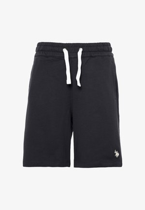 Pantaloncini neri con vita elastica, coulisse bianche, tasche laterali e piccolo logo bianco ricamato sulla parte inferiore della gamba destra.