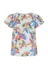 Blusa a maniche corte in tessuto leggero, caratterizzata da un vivace motivo floreale con accenti blu, verde, arancione e rosa su uno sfondo bianco.