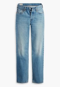 Jeans de mezclilla azul claro con un diseño de pierna recta, estilo de cinco bolsillos y detalles desgastados, con botones de latón y acentos de costura.