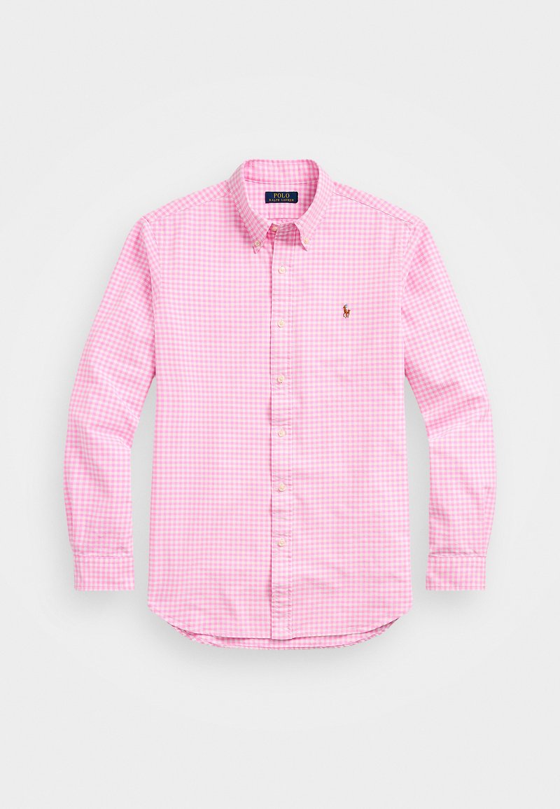Chemise à carreaux rose en tissu léger, dotée d'un col classique et de manches longues. Inclut un petit logo brodé sur la poitrine.