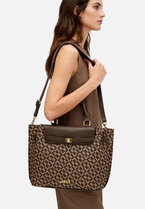 Borsa a tracolla marrone con motivo a fantasia e design strutturato, dotata di patta marrone scuro e minuteria dorata. Tracolla regolabile inclusa.