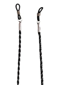 Cordón trenzado negro con dos lazos en los extremos, cada uno con un cierre de metal. El diseño es simple y funcional, centrado en la durabilidad y la usabilidad.