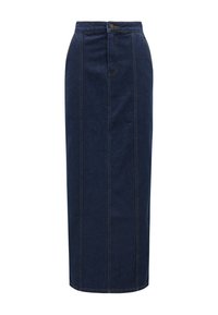 Fustă midi A-line din denim de culoare albastru închis, cu cusături contrastante. Dispune de talie înaltă și detalii subtile ale cusăturii frontale. Fără buzunare vizibile.