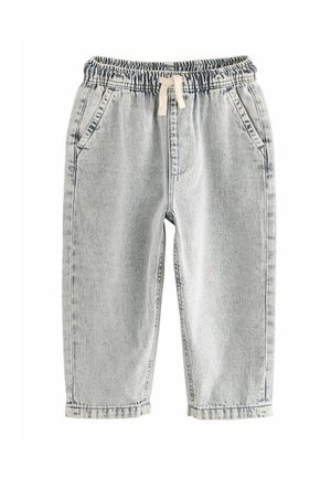 Pantaloni jogger in denim blu chiaro con vita elastica e coulisse, dotati di tasche laterali e gambe affusolate. Texture liscia.
