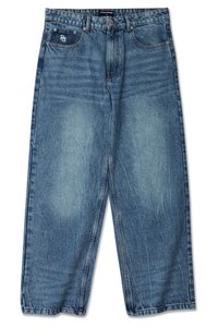 Light blue denim jeans with a loose fit. Features five-pocket design, faded wash, and a brand logo on the front pocket.