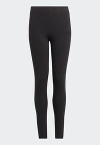 Leggings neri realizzati in tessuto elasticizzato con una texture liscia, dotati di una vita elasticizzata e di un piccolo logo sul lato.