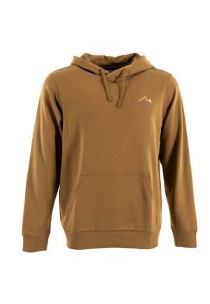 Brown hoodie made of soft fabric, featuring a kangaroo pocket, a drawstring hood, and a small mountain logo on the left chest.