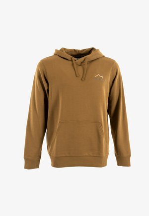 Brown hoodie made of soft fabric, featuring a kangaroo pocket, a drawstring hood, and a small mountain logo on the left chest.