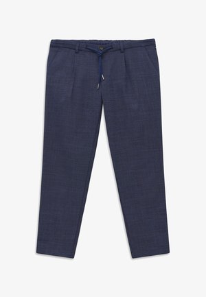 Herren maßgeschneiderte marineblaue Hose mit Tunnelzug in der Taille, Knopfverschluss und Seitentaschen, flach auf weißem Hintergrund ausgelegt.