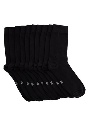 Schwarze Socken aus einem weichen, dehnbaren Material. Mit einem gerippten Bündchen und einem aufgedruckten Logo an der Seite. Die Packung enthält mehrere Paare.