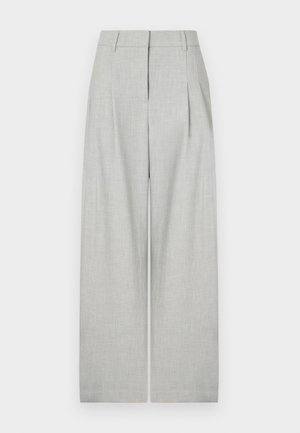 Light gray wide-leg trousers made of textured fabric, featuring front pleats, a clean waistband, and no visible pockets.