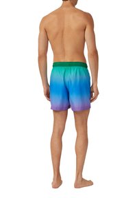 Heren zwembroek met een gradient ontwerp dat overgaat van groen naar blauw naar paars, met een elastische tailleband en lichtgewicht materiaal.