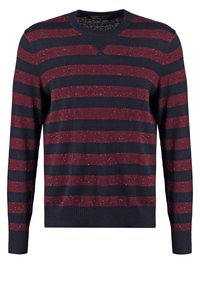 Marineblauer und dunkelroter horizontal gestreifter Rundhalsausschnitt-Pullover mit langen Ärmeln sowie gerippten Bündchen und Saum.