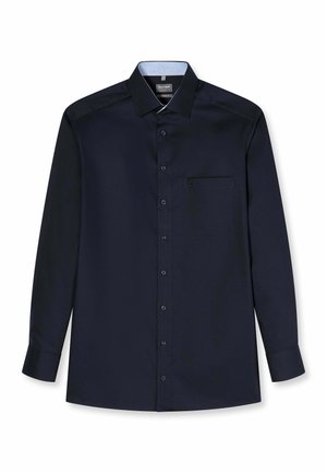Heren overhemd met lange mouwen in donker marineblauw, voorzien van knopen aan de voorkant, een borstzak aan de linkerkant en een puntige kraag met lichtblauwe voering aan de binnenkant.