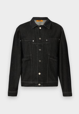 Black denim jacket featuring a collared neck, two chest pockets, and button closures. Constructed from soft, textured fabric with a classic shape.