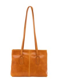 Borsa tote in pelle color tan con una texture liscia, due manici e dettagli di cucitura discreti lungo i bordi e la cucitura centrale.