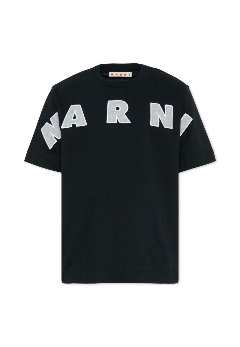 Czarna bawełniana koszulka z wyraźnym szarym napisem "NARNI" na przodzie. Krótkie rękawy i klasyczny krój z okrągłym dekoltem.