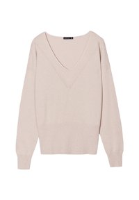 Helles rosafarbenes V-Ausschnitt-Pullover aus weichem Strick, mit gerippten Säumen und Bündchen. Der Stoff hat einen dezenten Glanz und ein lässiges, lockeres Design.