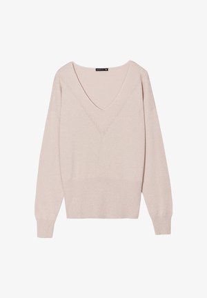 Helles rosafarbenes V-Ausschnitt-Pullover aus weichem Strick, mit gerippten Säumen und Bündchen. Der Stoff hat einen dezenten Glanz und ein lässiges, lockeres Design.