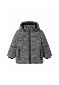 Graue Daunenjacke mit Kapuze, versehen mit einem Dinosaurier-Muster in hellerem Grau. Mit Reißverschlusstaschen und elastischen Bündchen.