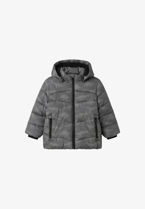 Giacca a vento grigia con cappuccio, caratterizzata da un motivo di dinosauri in grigio chiaro. Include tasche con zip e polsini elasticizzati.