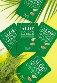 Imballaggio verde con il testo "Aloe Soothing Mask Pack". Il design include un'illustrazione di aloe in un vaso. Lo sfondo è giallo con fogliame verde.