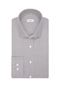 Camicia bianca pieghevole con piccolo motivo diagonale nero, colletto classico, bottoni bianchi e etichetta del marchio "seidensticker" all'interno del colletto.