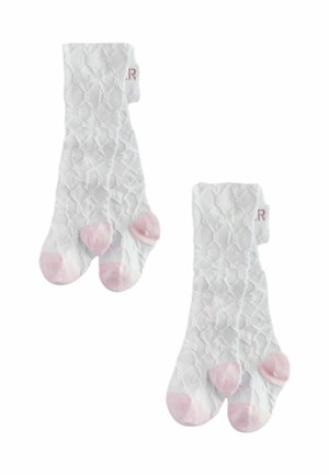 Chaussettes blanches texturées avec un motif en losange, présentant des accents roses au niveau des orteils et une petite étiquette avec le nom de la marque.