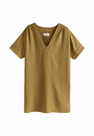 Lühikeste varrukatega topp sinepikollases, millel on sügav V-kaelus, vabalt langev lõige ja pehme, tekstuuriga kangas. Kerge ja mugav disain.