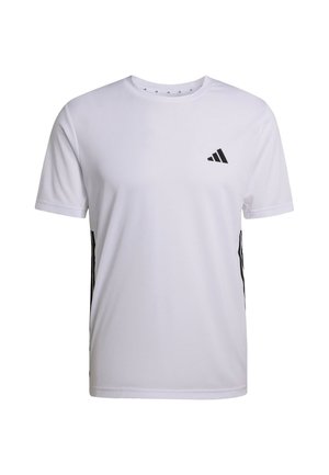 Camiseta deportiva blanca hecha de tela transpirable. Presenta el logotipo negro de Adidas en el pecho y franjas laterales negras para contraste. Mangas cortas.