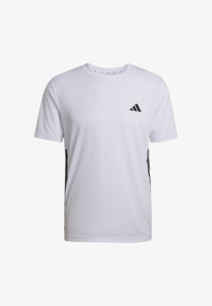 Maglietta sportiva bianca in tessuto traspirante. Presenta il logo Adidas nero sul petto e strisce laterali nere a contrasto. Maniche corte.
