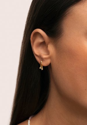 Orecchino in oro a cerchio con un piccolo design floreale decorato con cristalli, che pende elegantemente dal lobo dell'orecchio, su una tonalità di pelle leggermente colorata.