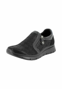 Scarpa nera slip-on con tomaia texturizzata, dotata di cerniera laterale, accenti lisci e suola imbottita per il massimo comfort.