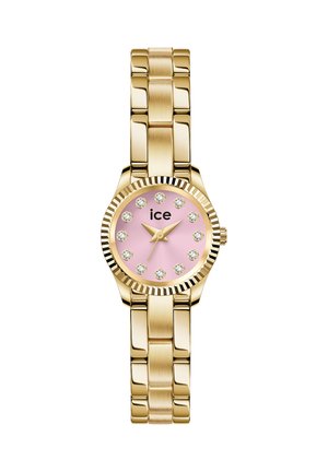 Zlaté kovové náramkové hodinky s růžovým ciferníkem, krystalovými indexy a zlatými ručičkami ukazující čas 10:10 značky „ice“.