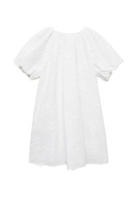 Vit klänning med puffärmar, med ett texturerat blommönster. Lätt passform, rund halsringning och längd ovanför knäna. Mjuk tyg.