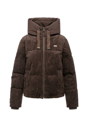 Veste matelassée en velours côtelé marron avec un col haut rembourré, une fermeture éclair à l'avant, des cordons et des poignets côtelés.