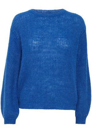 Mėlyna megzta palaidinė su apvaliu iškirpimu ir ilgomis, šiek tiek pūstomis rankovėmis; tekstūruotas, lengvas audinys su laisvu audimu.