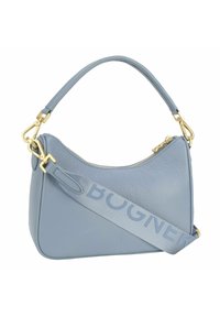 Borsa a tracolla in pelle blu con un design curvo, hardware dorato e finitura testurizzata. Presenta una tracolla con logo e una maniglia superiore.