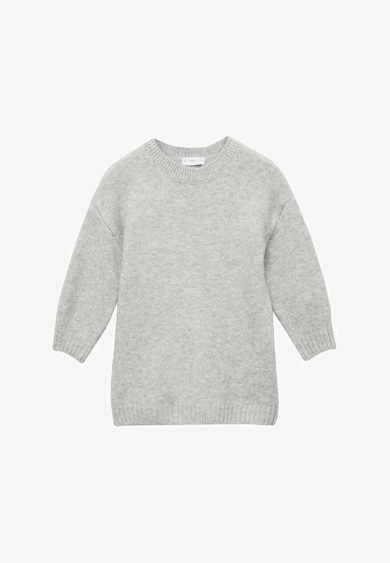 Hellgrauer Pullover aus weichem Material, mit rundem Halsausschnitt, Dreiviertelärmeln und geripptem Saum und Bündchen.