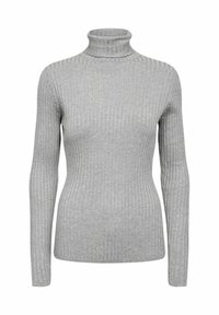 Pull gris côtelé à col roulé avec manches longues, fabriqué en maille douce, présentant une silhouette ajustée et un design à col haut.